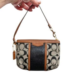 COACH F51724 CC Signature Logo Khaki Black Snakeskin Medium Leather Wristlet
